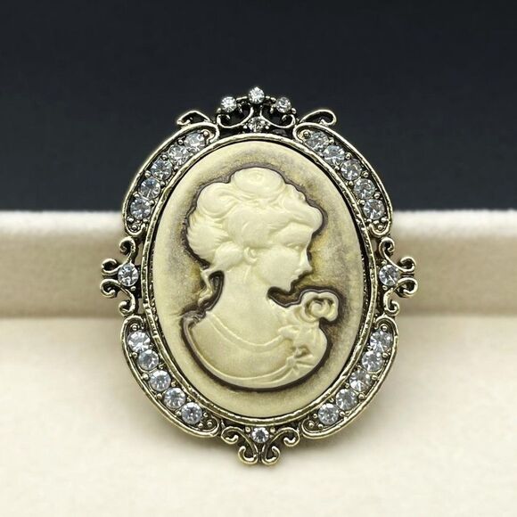 Yellow Gold with Diamond Crystal Victorian Lady Maiden Cameo Pin Back Brooch - Picture 3 of 7